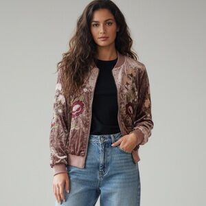 Karlie Rose Pink Crushed Velvet Velour Embroidered Full Zip Bomber Jacket Small